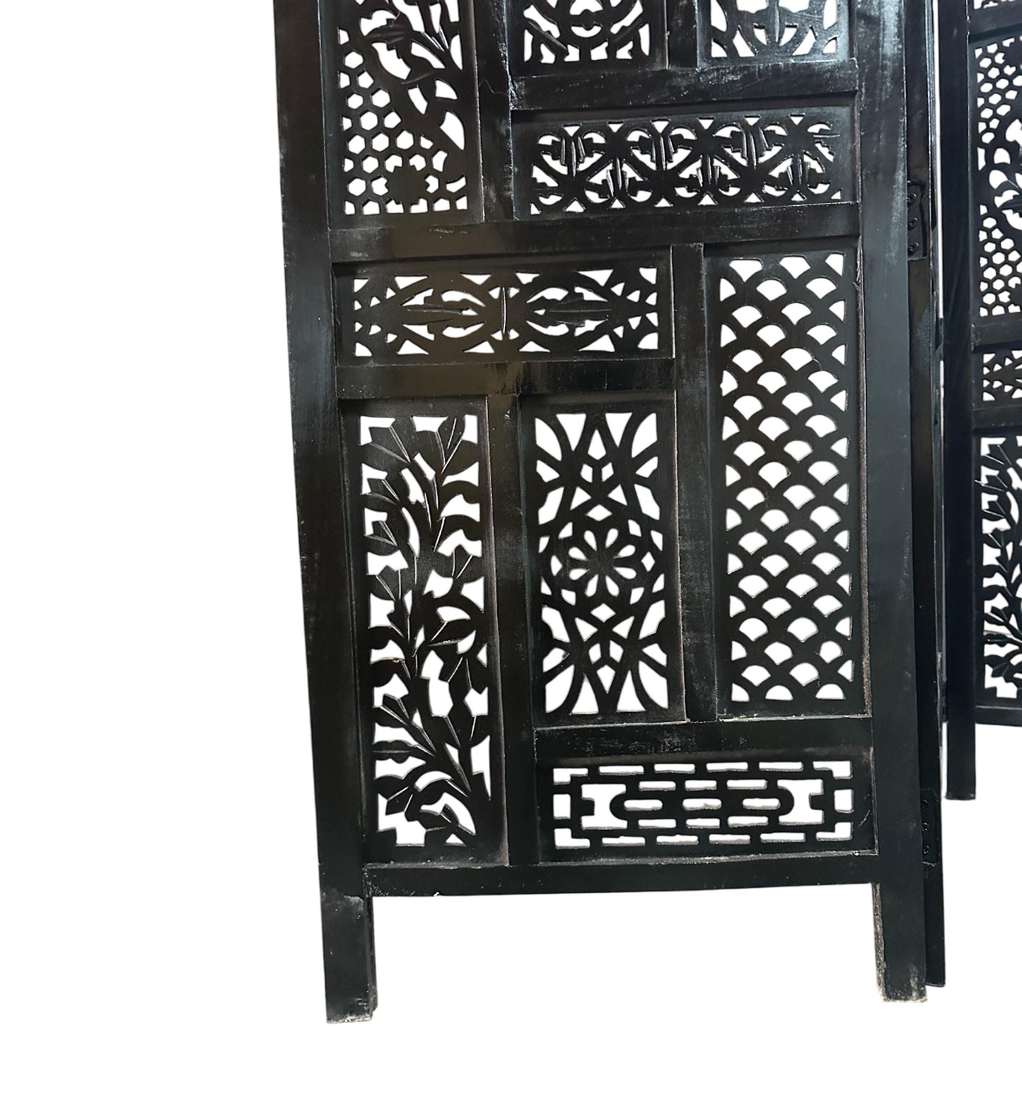 Mid Century Black Wood Folding Room Divider: Handmade Carved Partition Screen