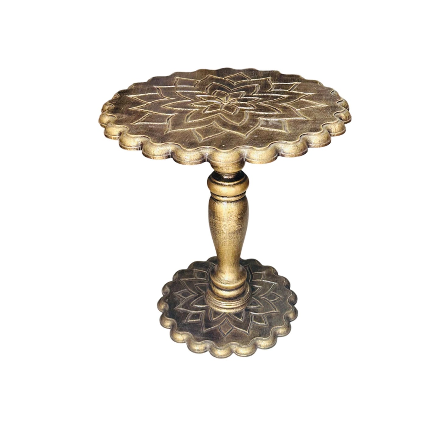 Hand Carved Mango Wood Coffee Table: lotus design rustic gold shade , folding design