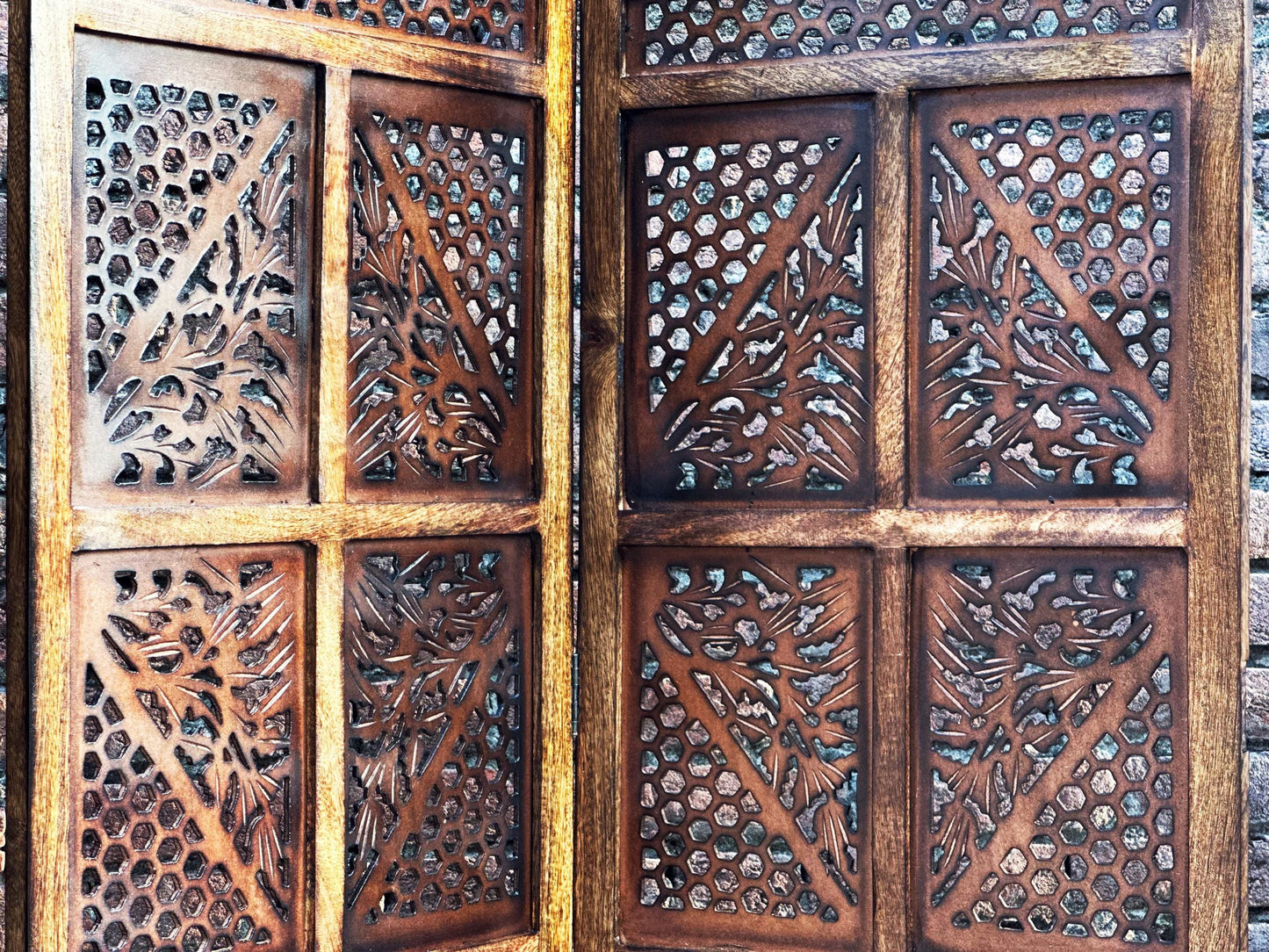 Mid century Mesh and block Style 5 feet height Wooden Folding Divider, Partition, Handmade Self standing separator