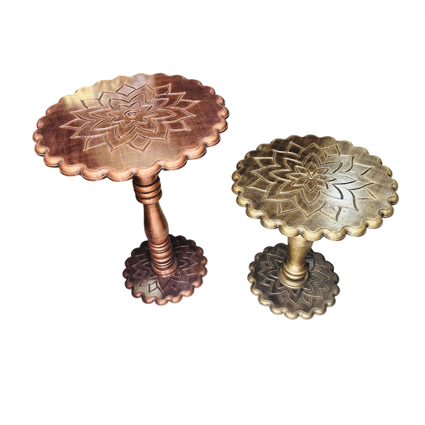 Hand Carved Mango Wood Coffee Table: lotus design rustic gold shade , folding design