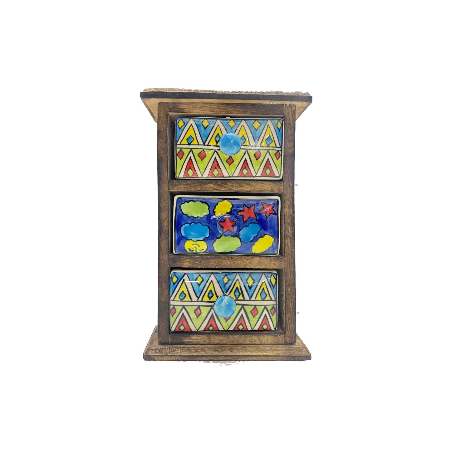 Handmade Wooden Shelf with Ceramic 3-Drawer - Antique Brown