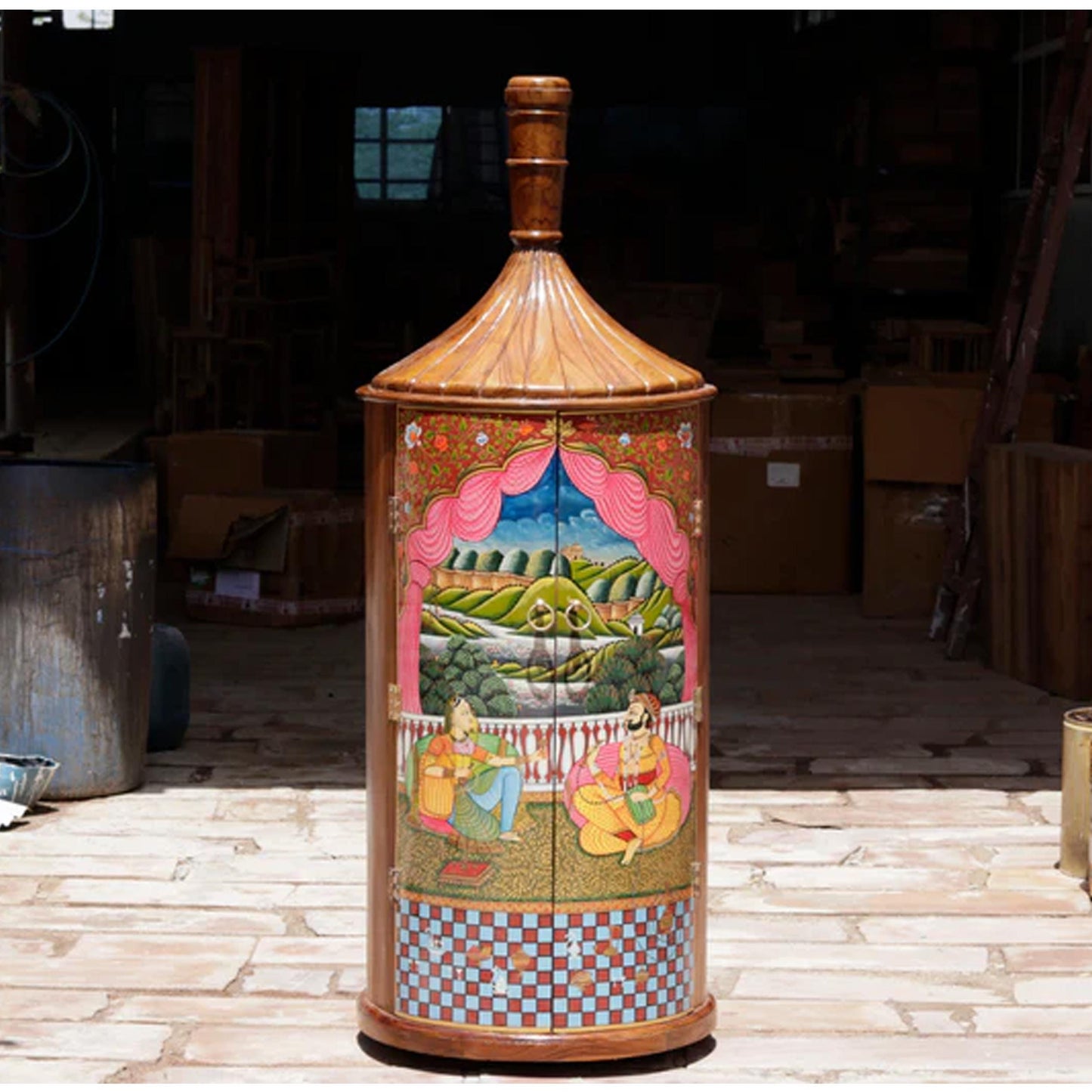 Mid Century Bar Cabinet: Teak Wood Bottle Console - Hand Painted