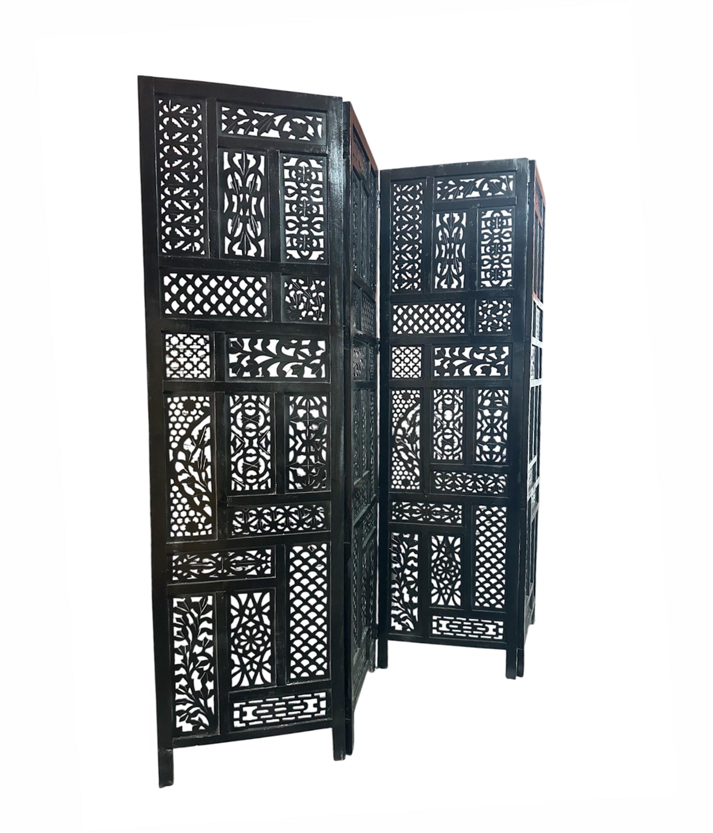Mid Century Black Wood Folding Room Divider: Handmade Carved Partition Screen