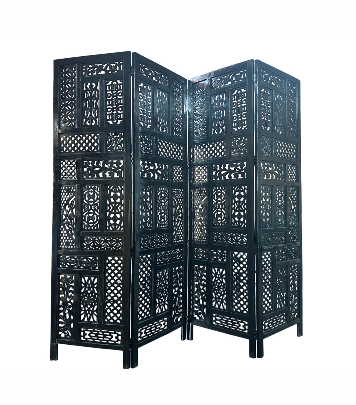 Mid Century Black Wood Folding Room Divider: Handmade Carved Partition Screen