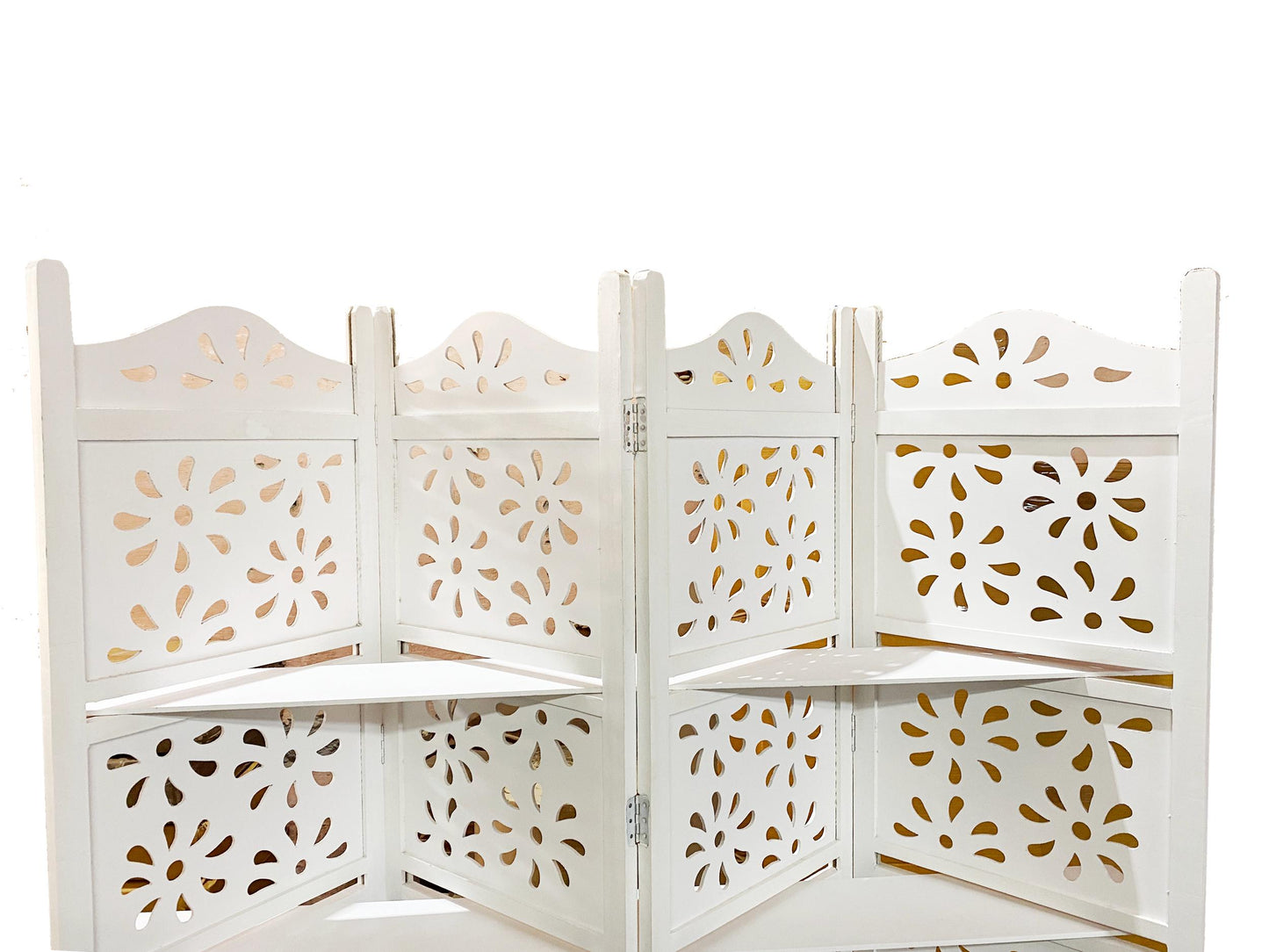 Handmade White Wooden Folding Room Divider with Shelves