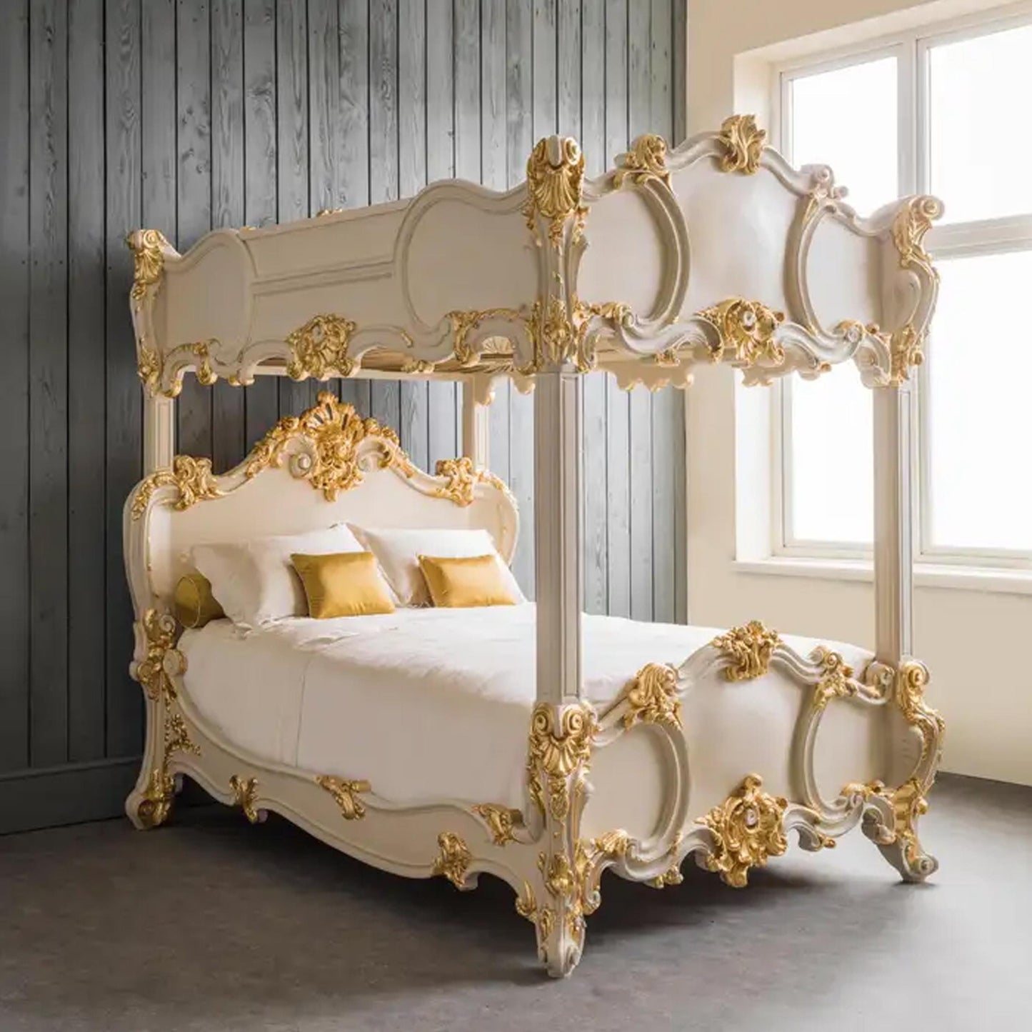 Handmade Rococo Style Four Poster Bed: Gold Gilt Wood Frame