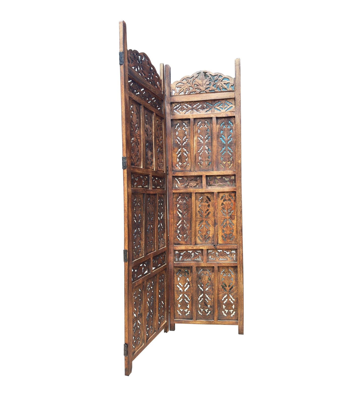 Mid-Century Modern Folding Wooden Room Divider: Handmade Carving Design