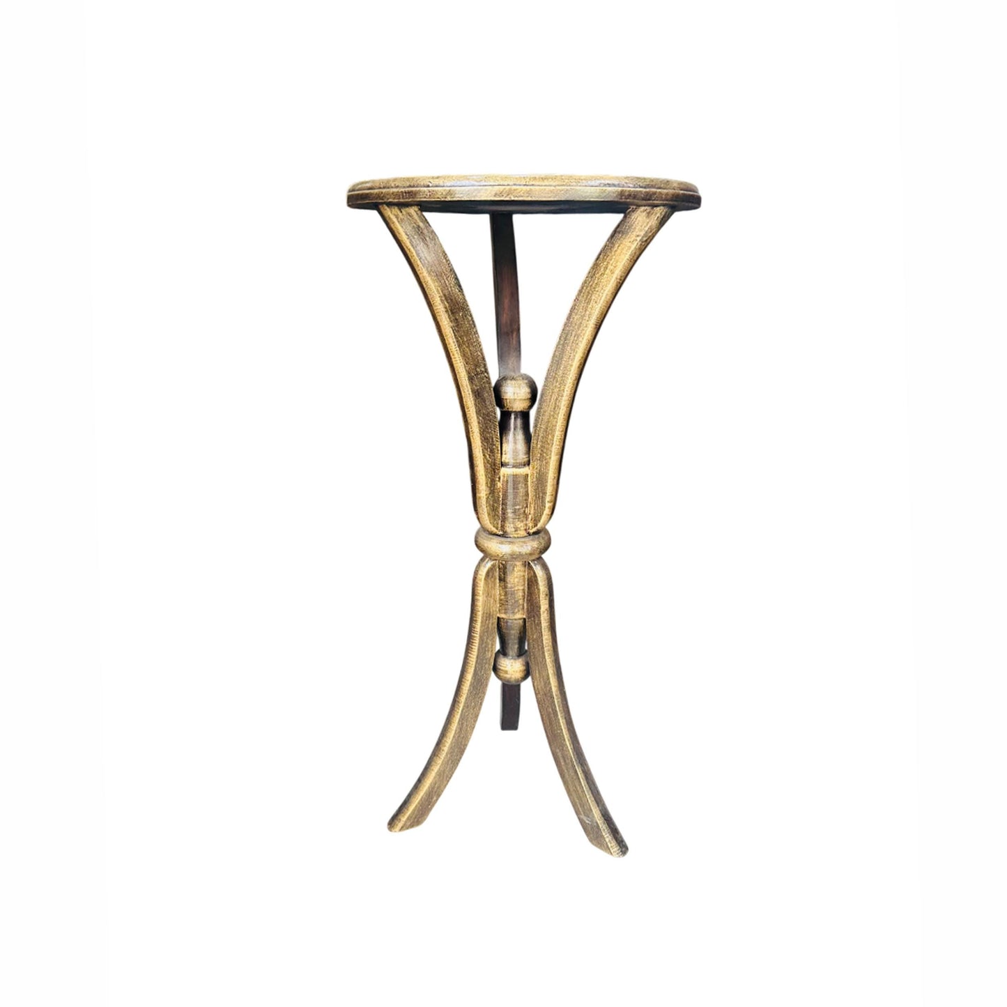 Hand Carved Mango Wood End Table: Rustic Gold Lotus Design