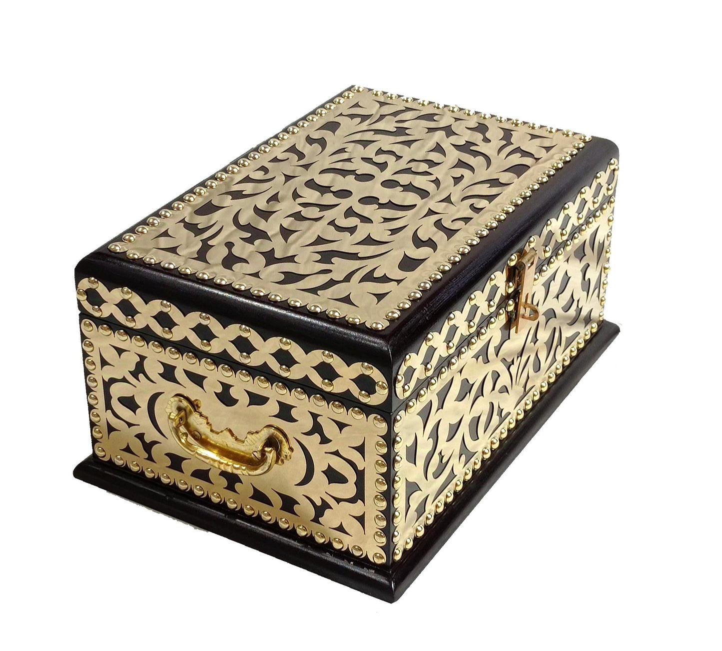 Handmade Wooden Storage Trunk: Brass Decor, Jewelry Box