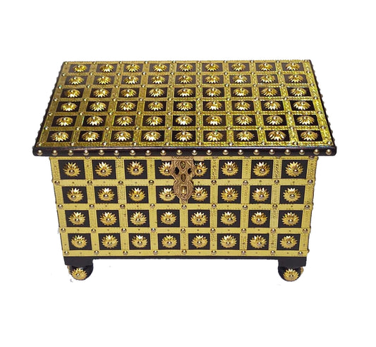 Handmade Wooden Storage Trunk: Carved Brass Decor, Medium Size