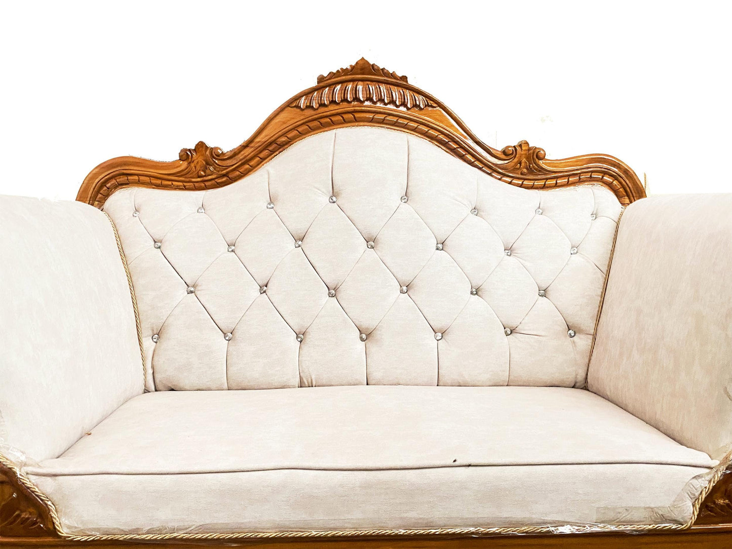 Handmade Louis XVI Style Sofa: Teak Wood, Cream Upholstery