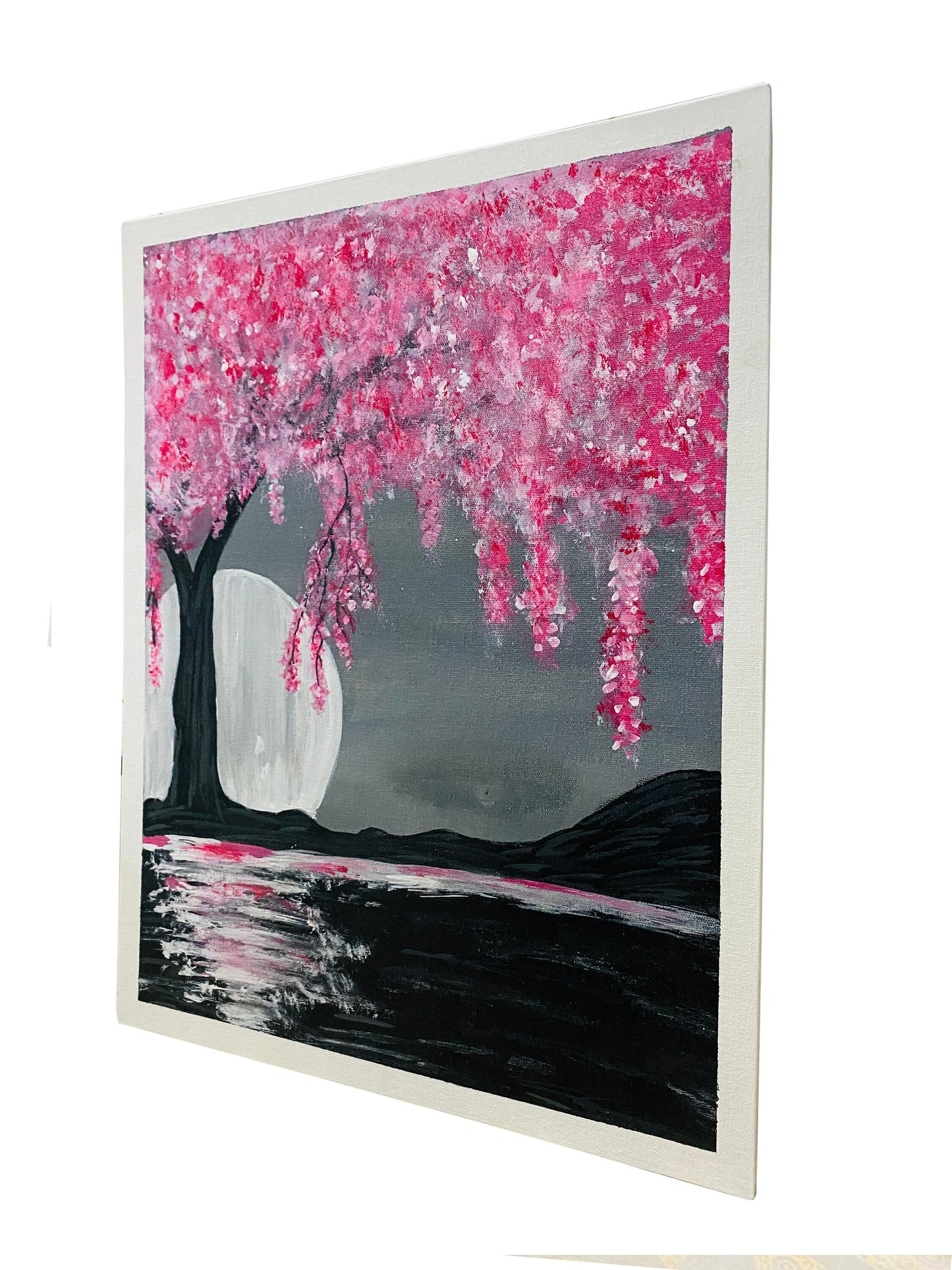 Hand Painted Full Moon With Aglaonema Tree Painting on canvas, Wall décor for home and office