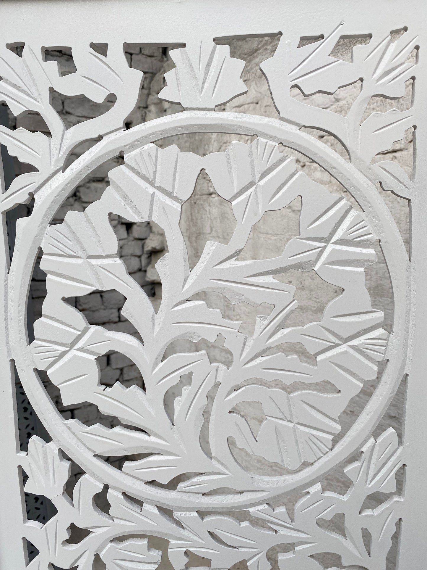 Handmade Lotus Wooden Folding Room Divider: White Carved Screen