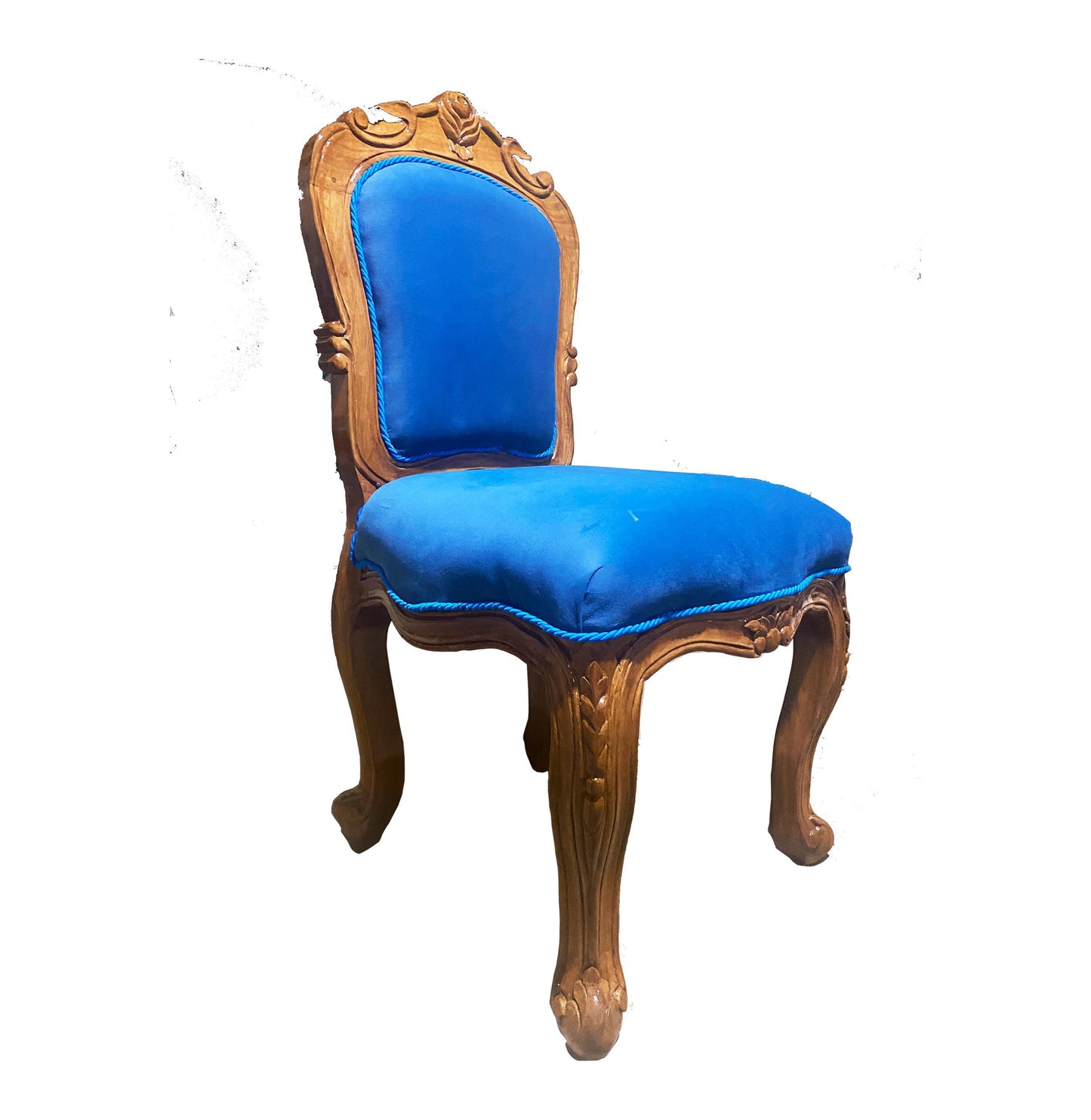 Hand Carved Rococo Style Dining Chair: Blue Tufted Cushion
