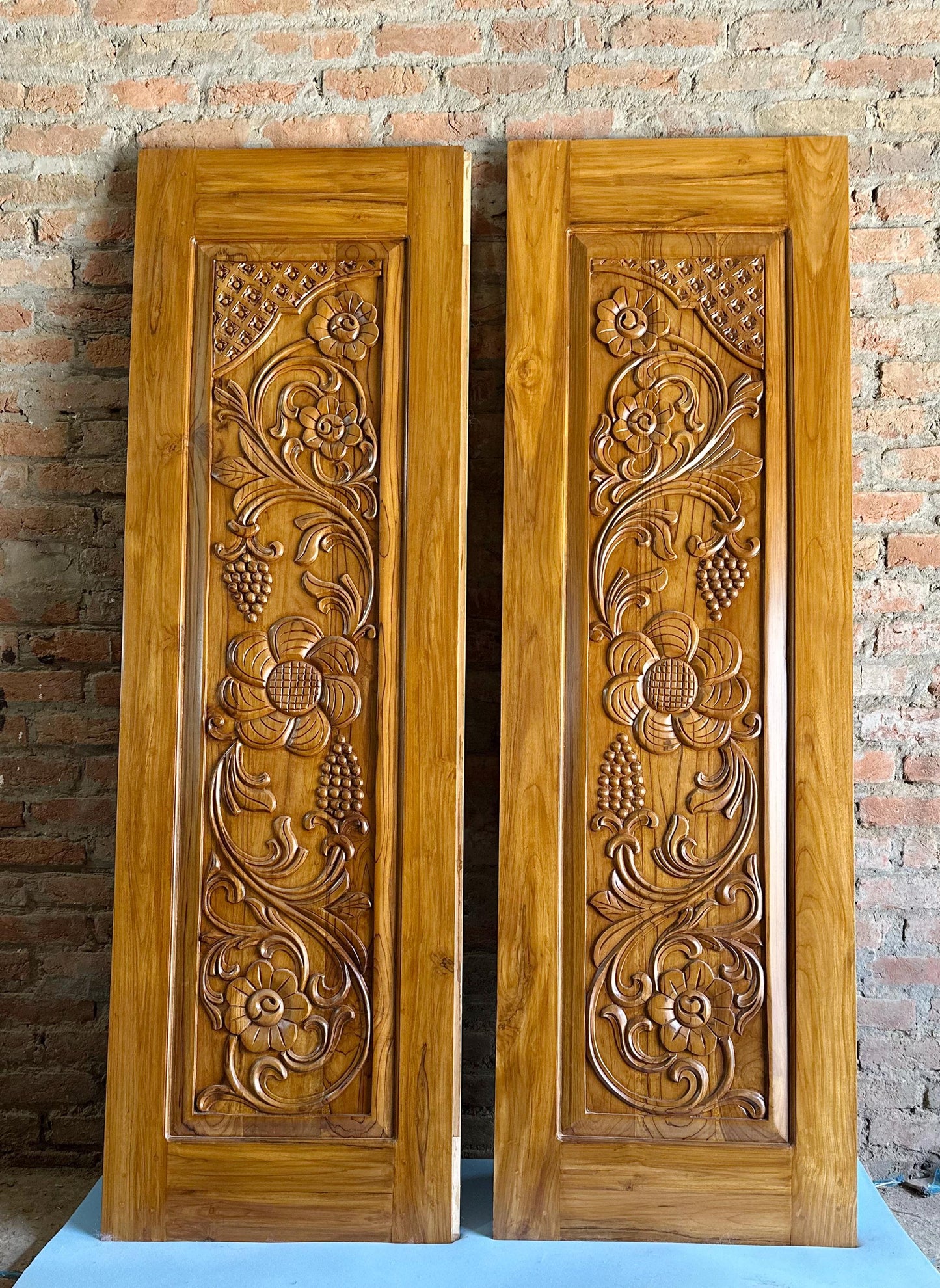 Hand Carved Teak Wood Door: Floral Wall Panel, Custom Size