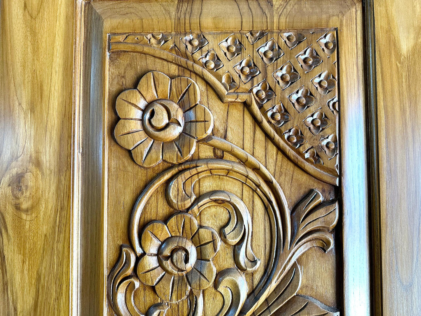 Hand Carved Teak Wood Door: Floral Wall Panel, Custom Size