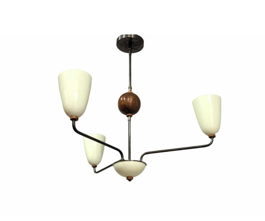 Handmade Brass 3-Arm Chandelier: Mid-Century Modern Wooden Ball Ceiling Light