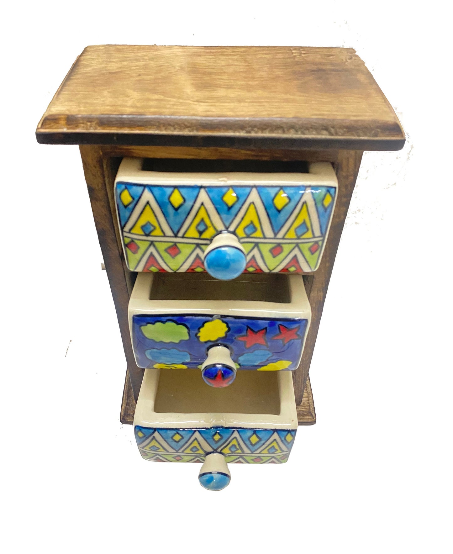 Handmade Wooden Shelf with Ceramic 3-Drawer - Antique Brown