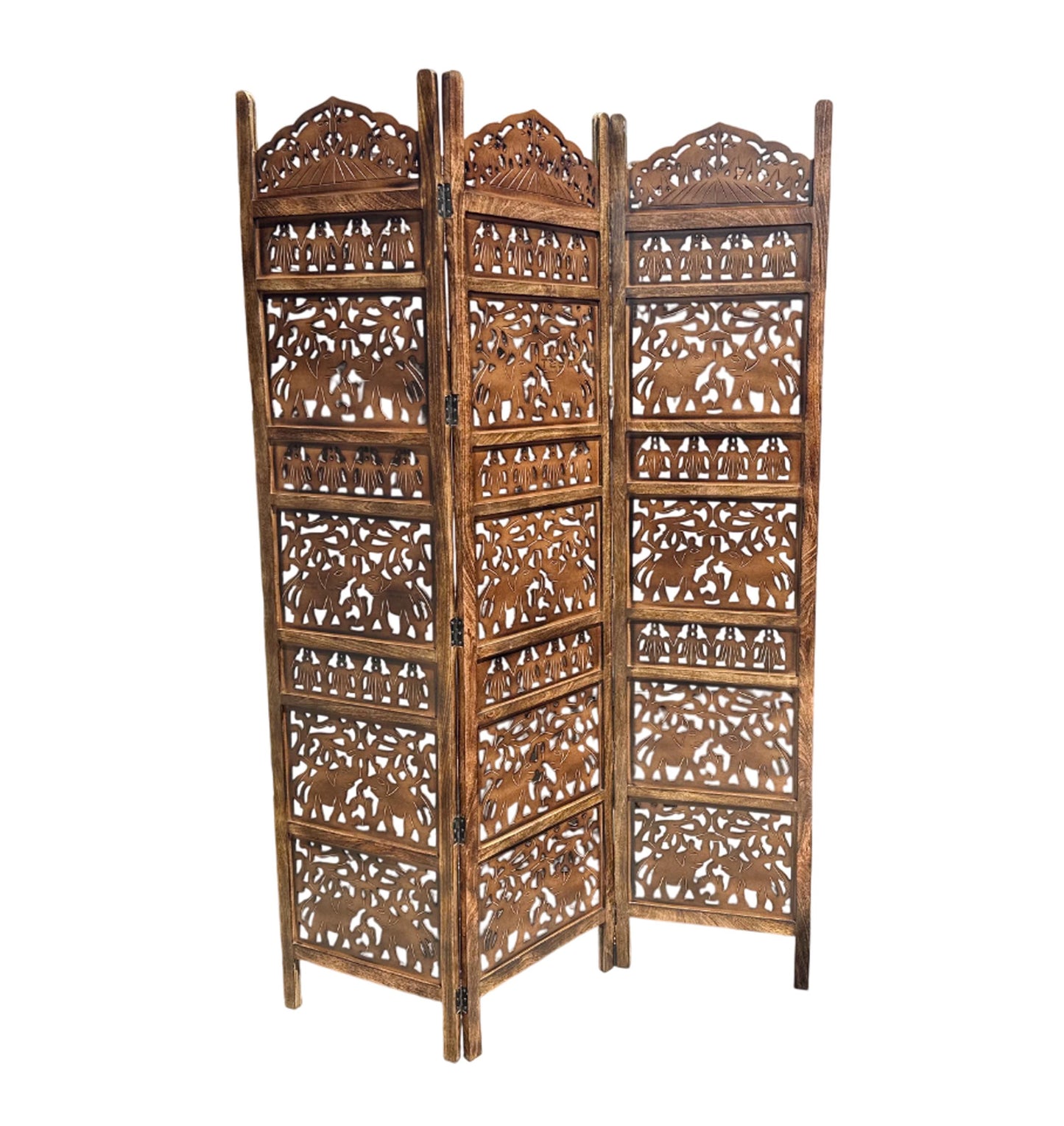 Elephants design Wooden Folding Divider, 7 Feet tall Folding Partition, Handmade Self standing separator