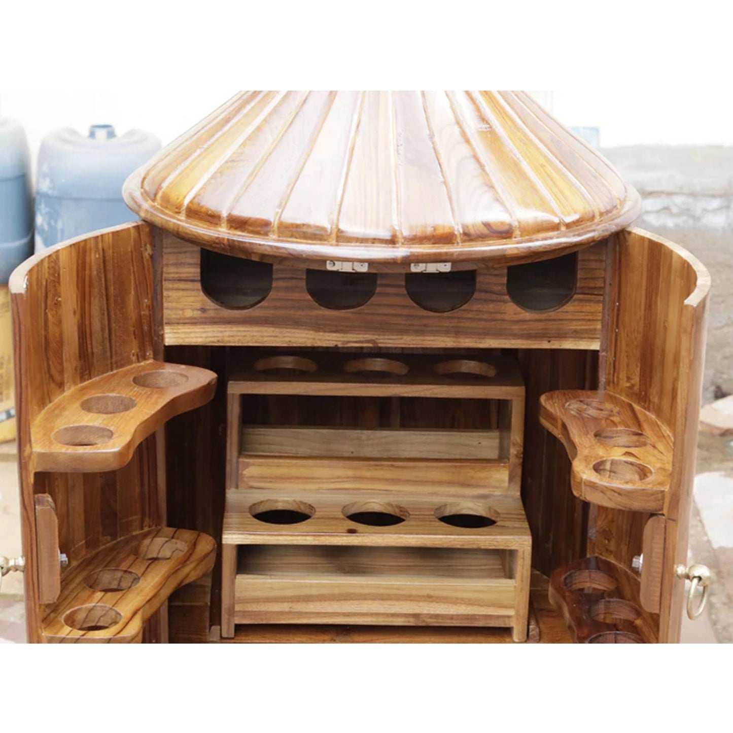 Mid Century Bar Cabinet: Teak Wood Bottle Console - Hand Painted