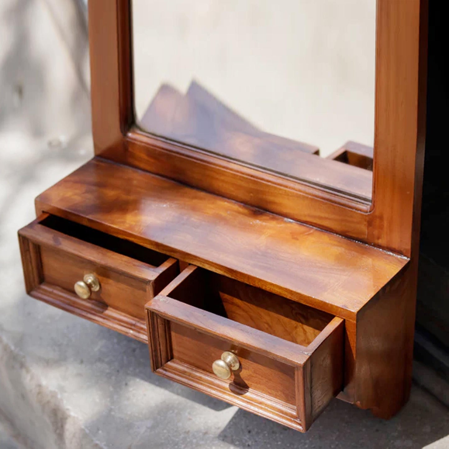 Handmade Wood Wall Mirror with Shelves: Mid-Century Modern Decor