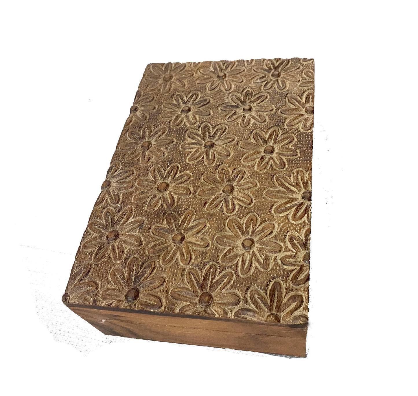 Handmade Wood Flower Carving Box: Mid-Century Jewelry Box