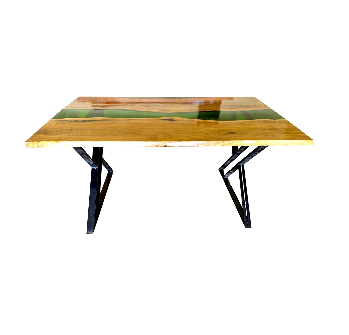 Handmade Live Edge Teak & Epoxy Dining Table with Metal Legs