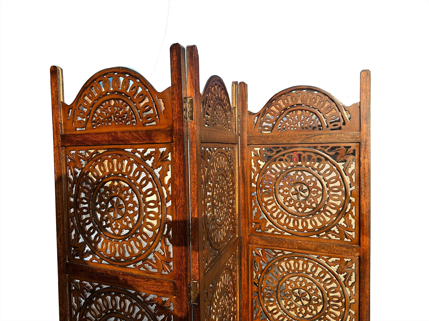Mid-Century Modern Brown Wood Folding Room Divider: Carved Design