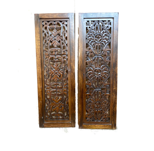 2 pcs Mid century Brown Flower carving design Wall Panel Hanging Mandola art fixture
