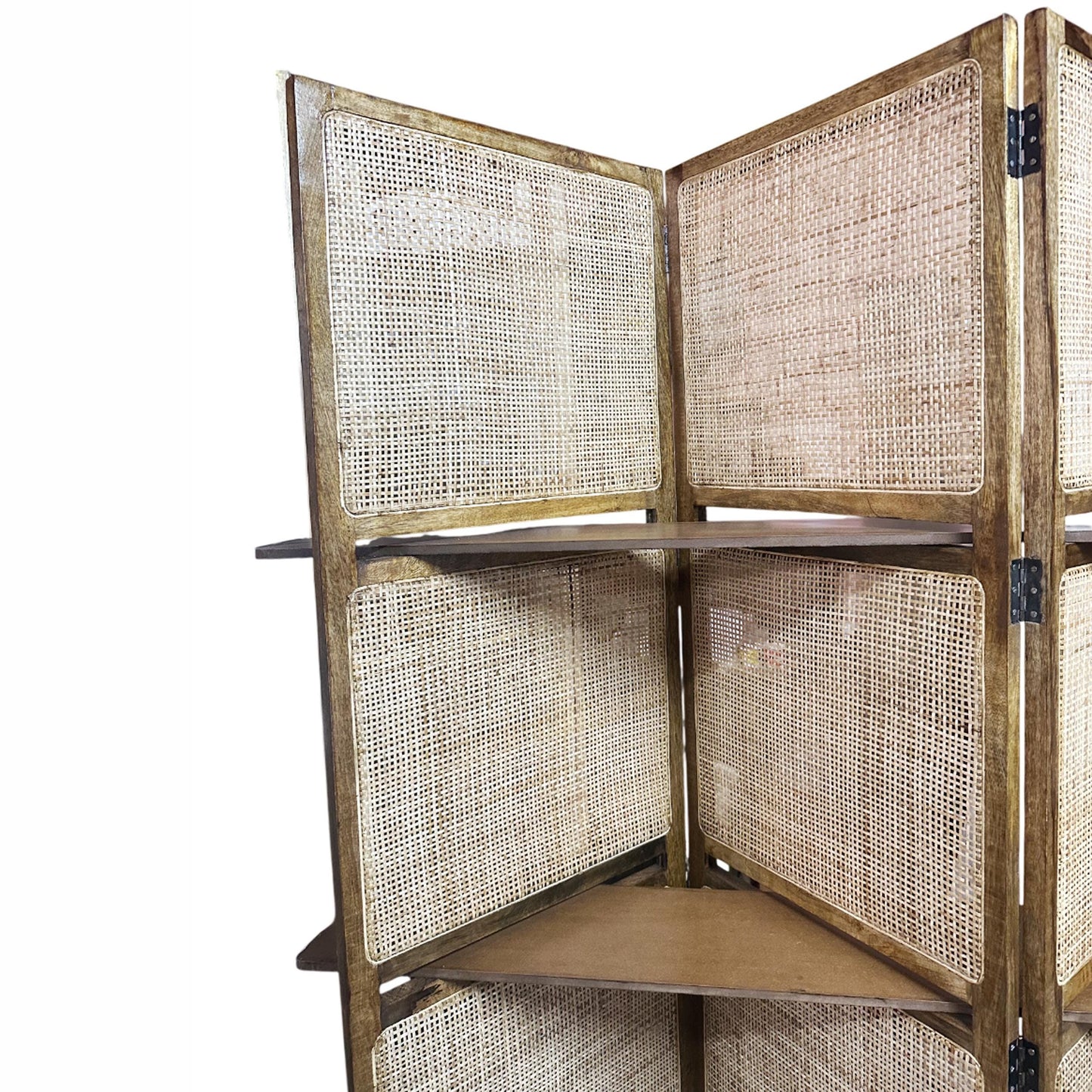 Natural Rattan cane Room partition Screen with shelf , Folding Divider, Mid-century Separator shelf organiser