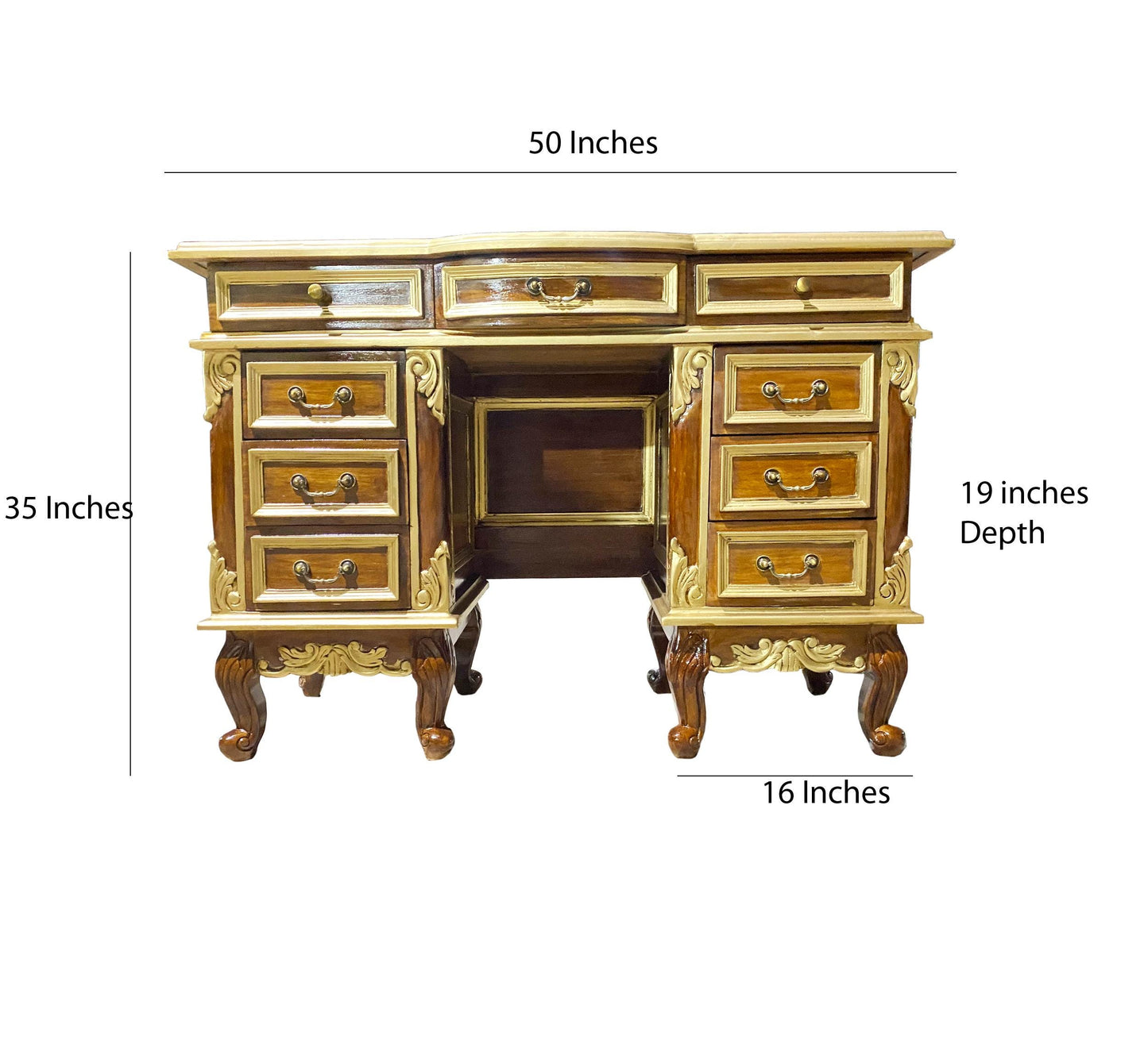 Hand Carved Teak Console Table: Mid-Century Modern Brown & Gold Accent