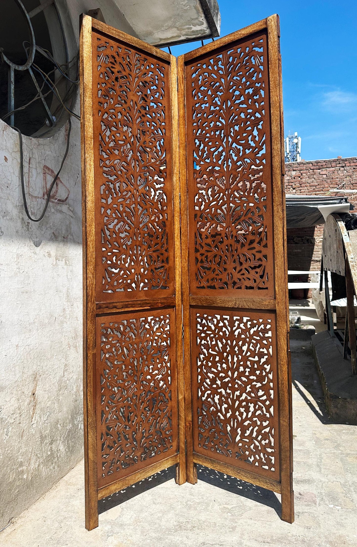 Mid century Big Mesh Design Wooden Folding Divider, Partition, Handmade Self standing separator