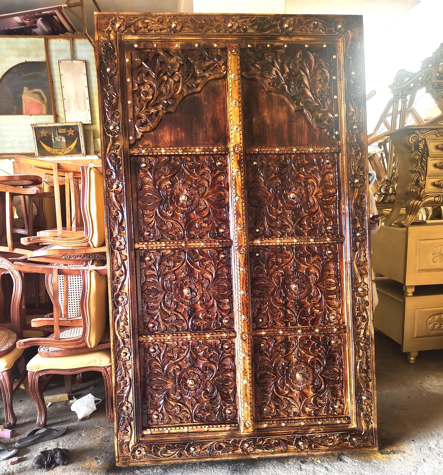 Hand Carved Wood Door Panel: Antique Brown Wall Decor