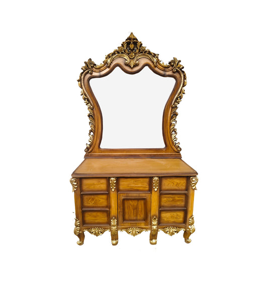 Large Carved Teak Wood Vanity Table with Mirror