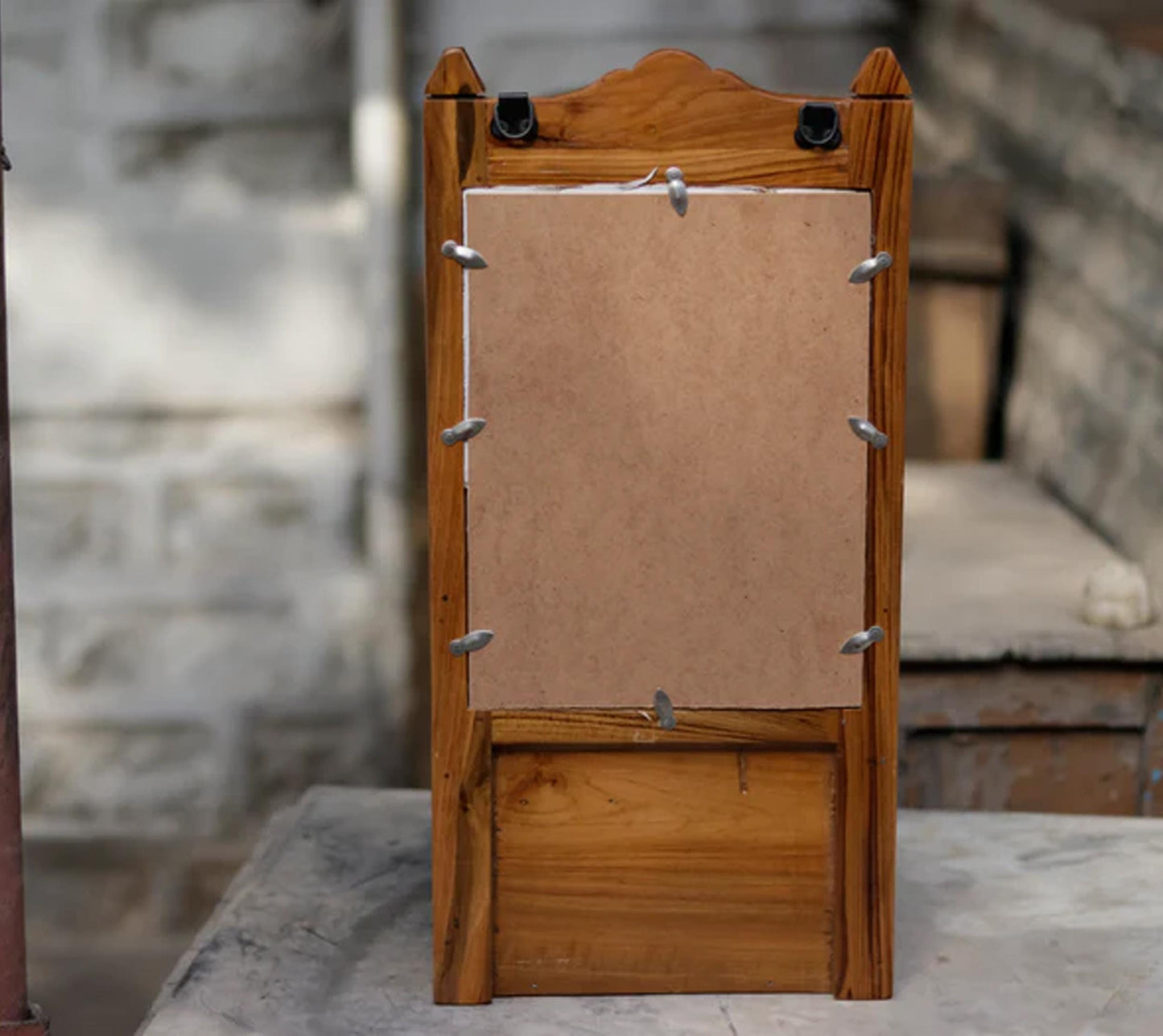 Handmade Wood Wall Hanging Mirror with Shelf: Mid-Century Organizer