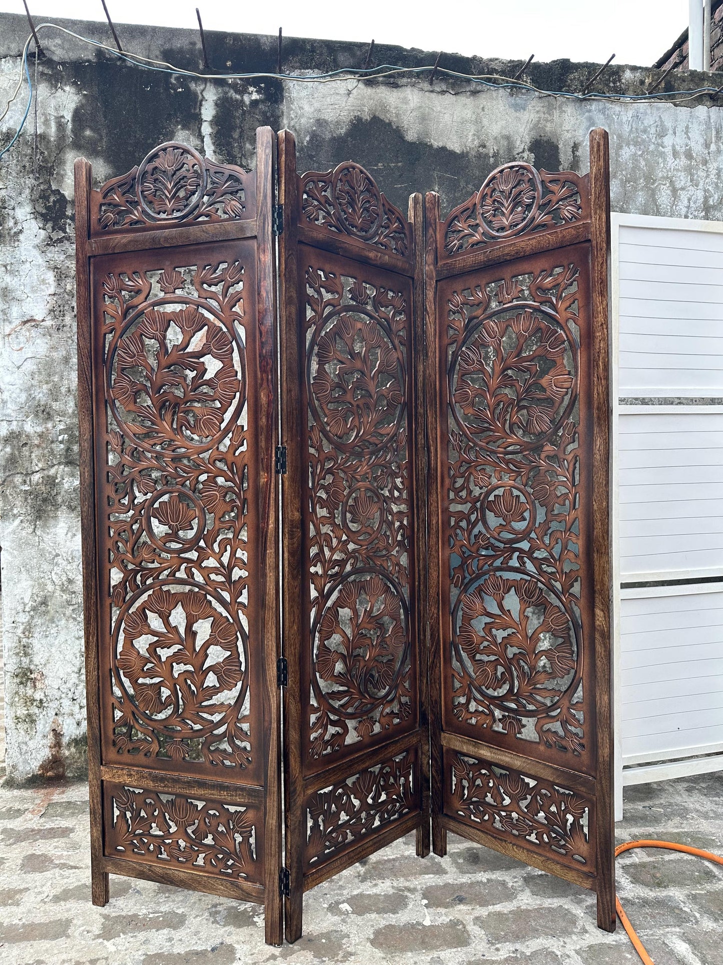 Handmade Lotus Wooden Folding Room Divider: White Carved Screen