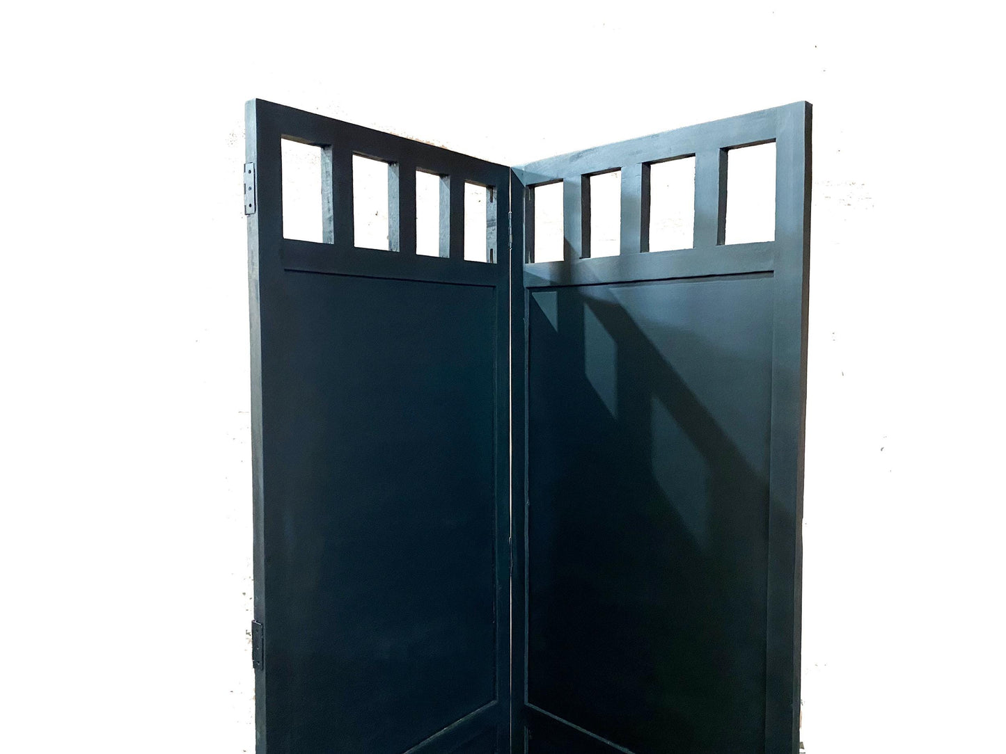 Mid-Century Black Block Wooden Folding Room Divider - 7 ft Tall