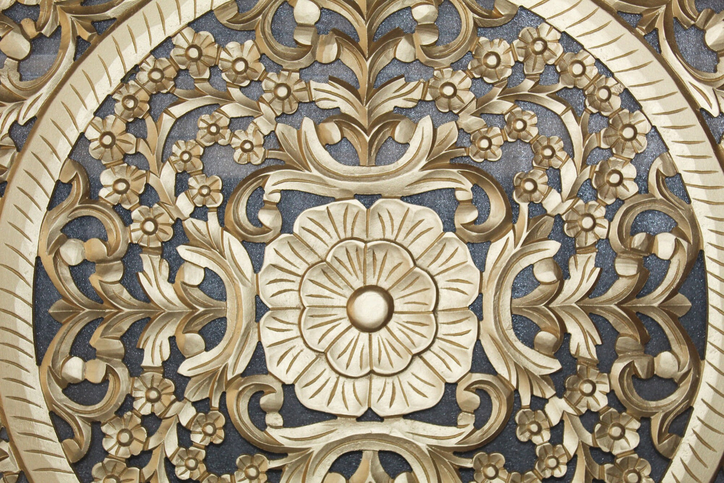 Mid century Gold Wooden Hanging Fixture, Handmade Large Carving Wall décor, mandola Arts