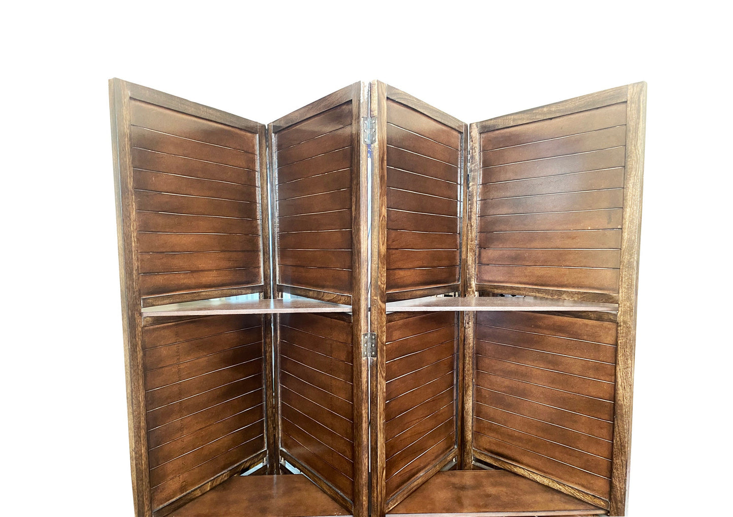 Handmade Wooden Folding Partition with Shelves: Brown Room Divider