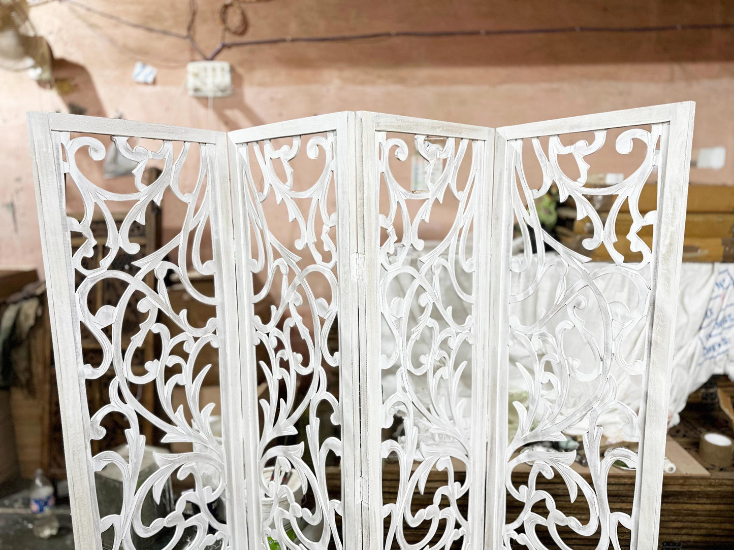 Mid century Floral design Rustic White Wooden Folding Divider, Partition, Handmade Self standing screen