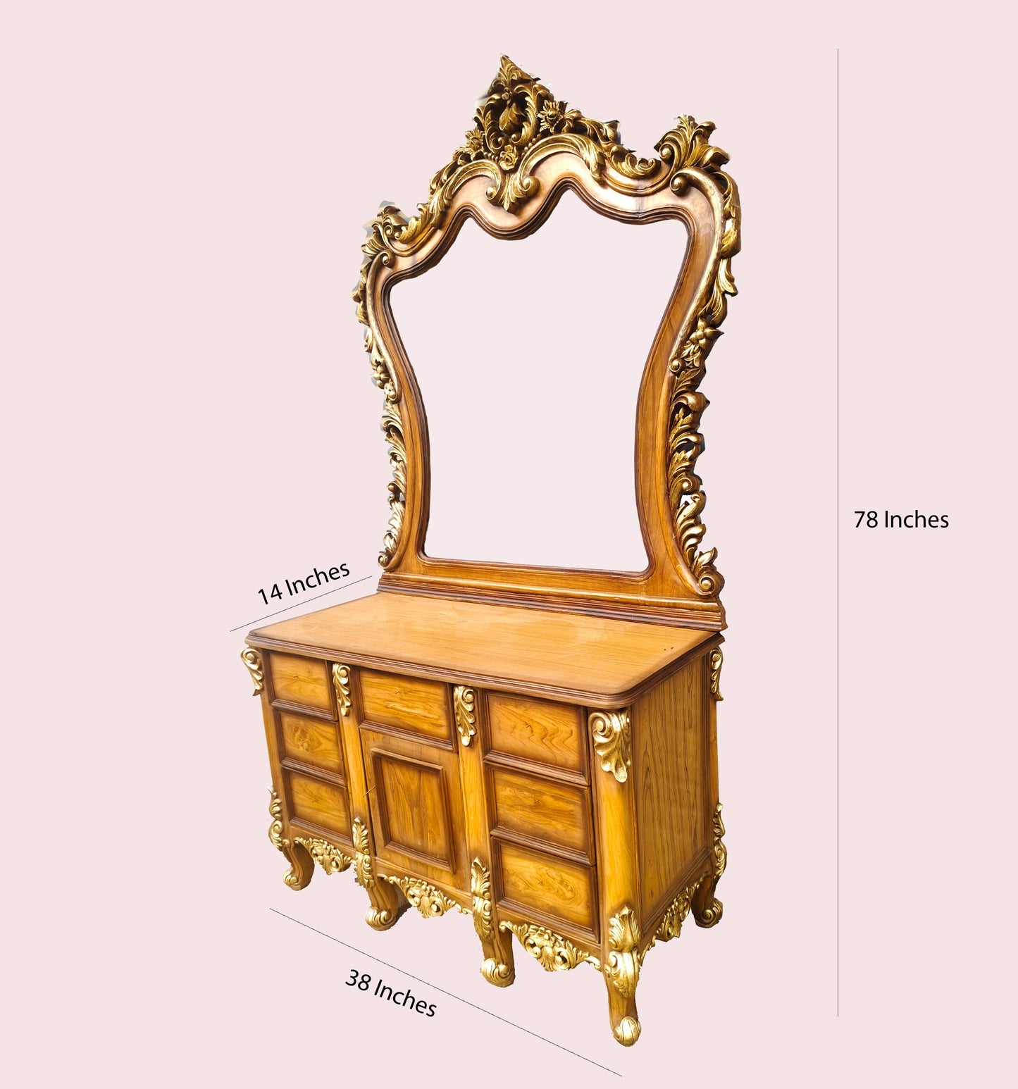 Large Carved Teak Wood Vanity Table with Mirror