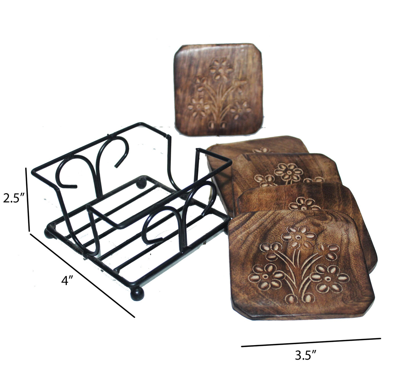 Iron wood Coaster set of 6, handmade carved coaster with metal Stand