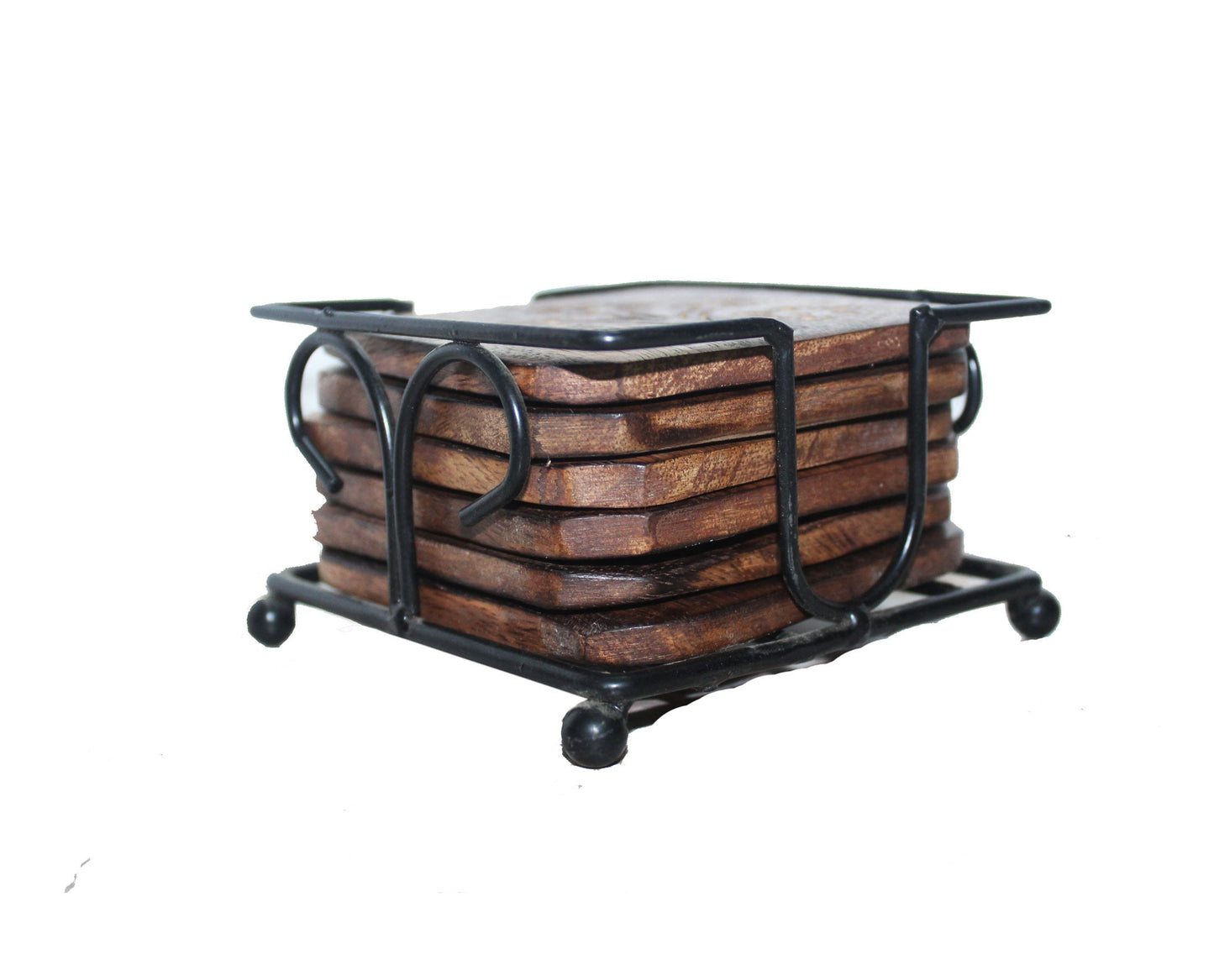 Iron wood Coaster set of 6, handmade carved coaster with metal Stand