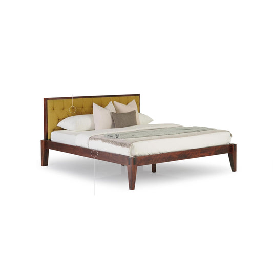 Tufted Upholstered Bed Frame: Solid Wood, Dark Oak Finish, Bohemian Style