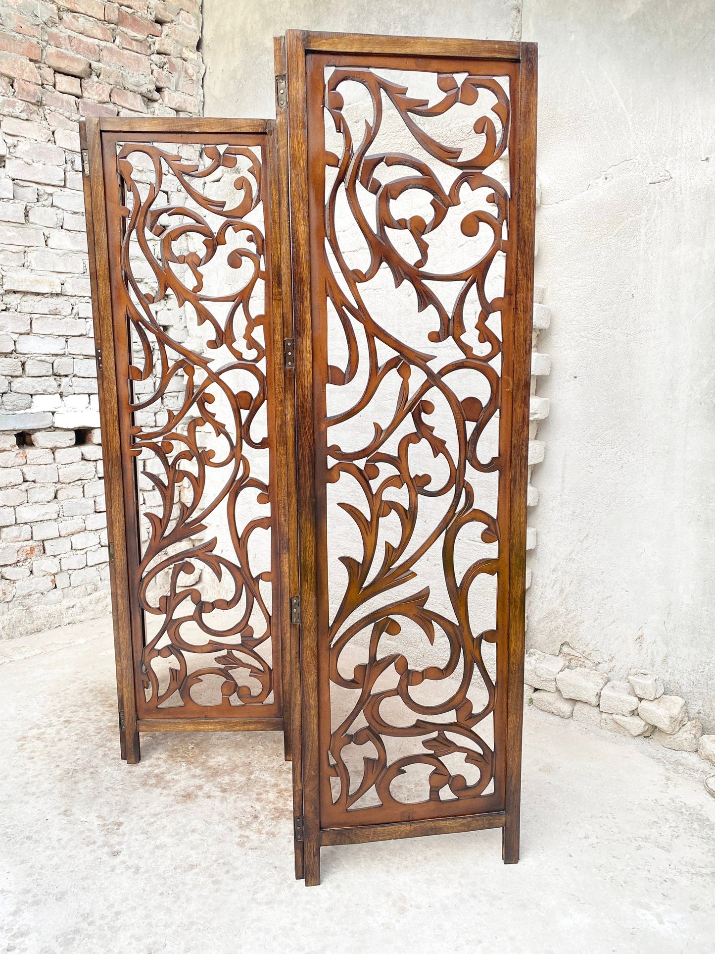 Mid century 4 feet Floral design Wooden Folding Divider, Partition, Handmade Self standing screen