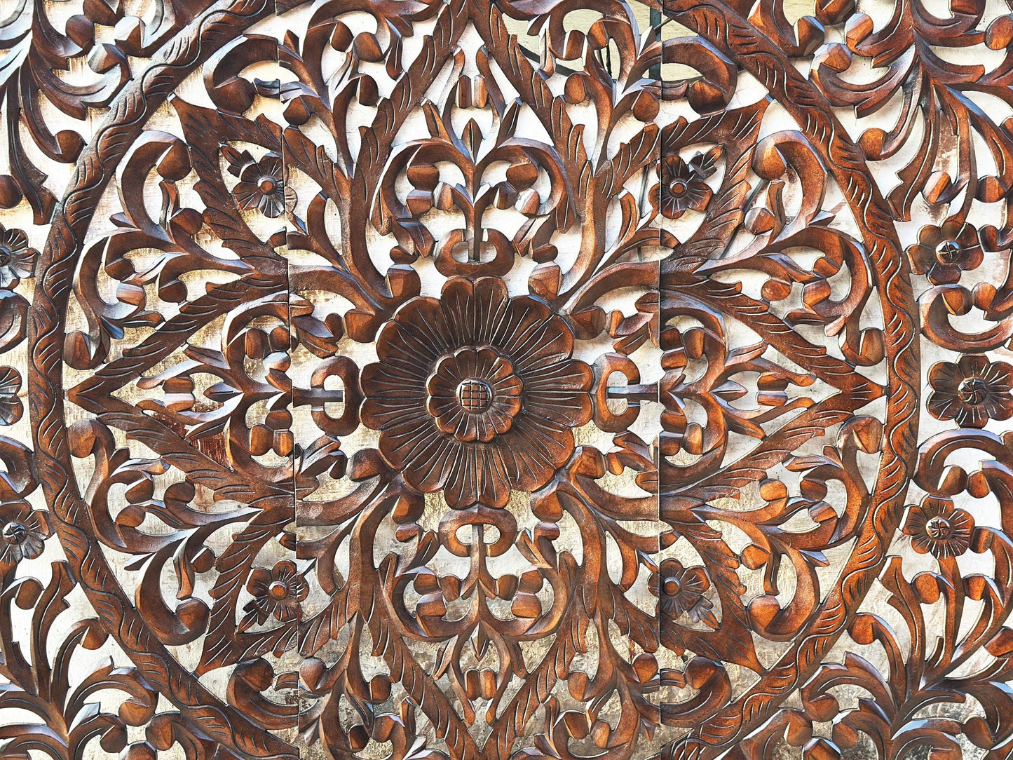 Mid century Wooden Hanging Fixture, Handmade Large Brown Carving Wall décor, mandola Arts