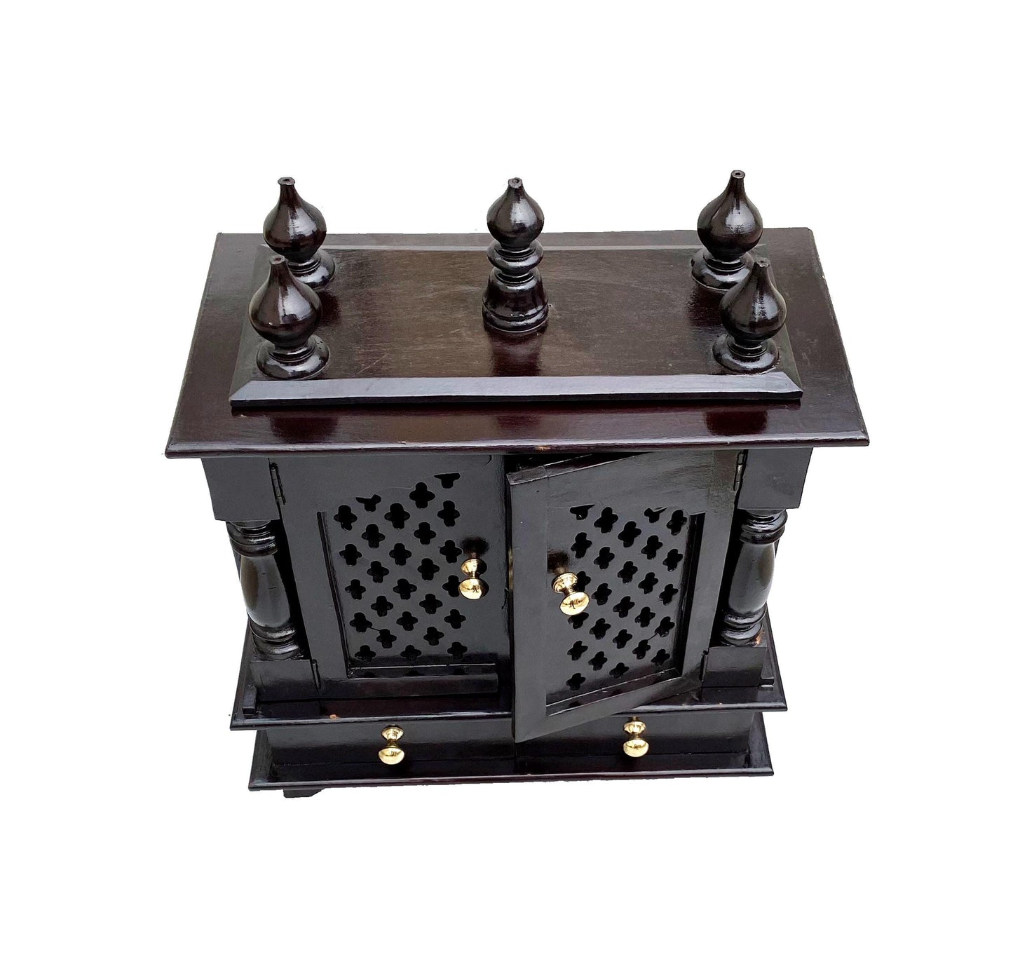 Handmade Walnut Wood Temple Mandir: 2-Shelf Wooden Shrine