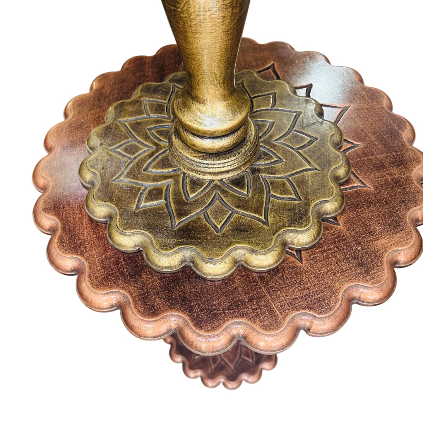 Hand Carved Mango Wood Coffee Table: lotus design rustic gold shade , folding design