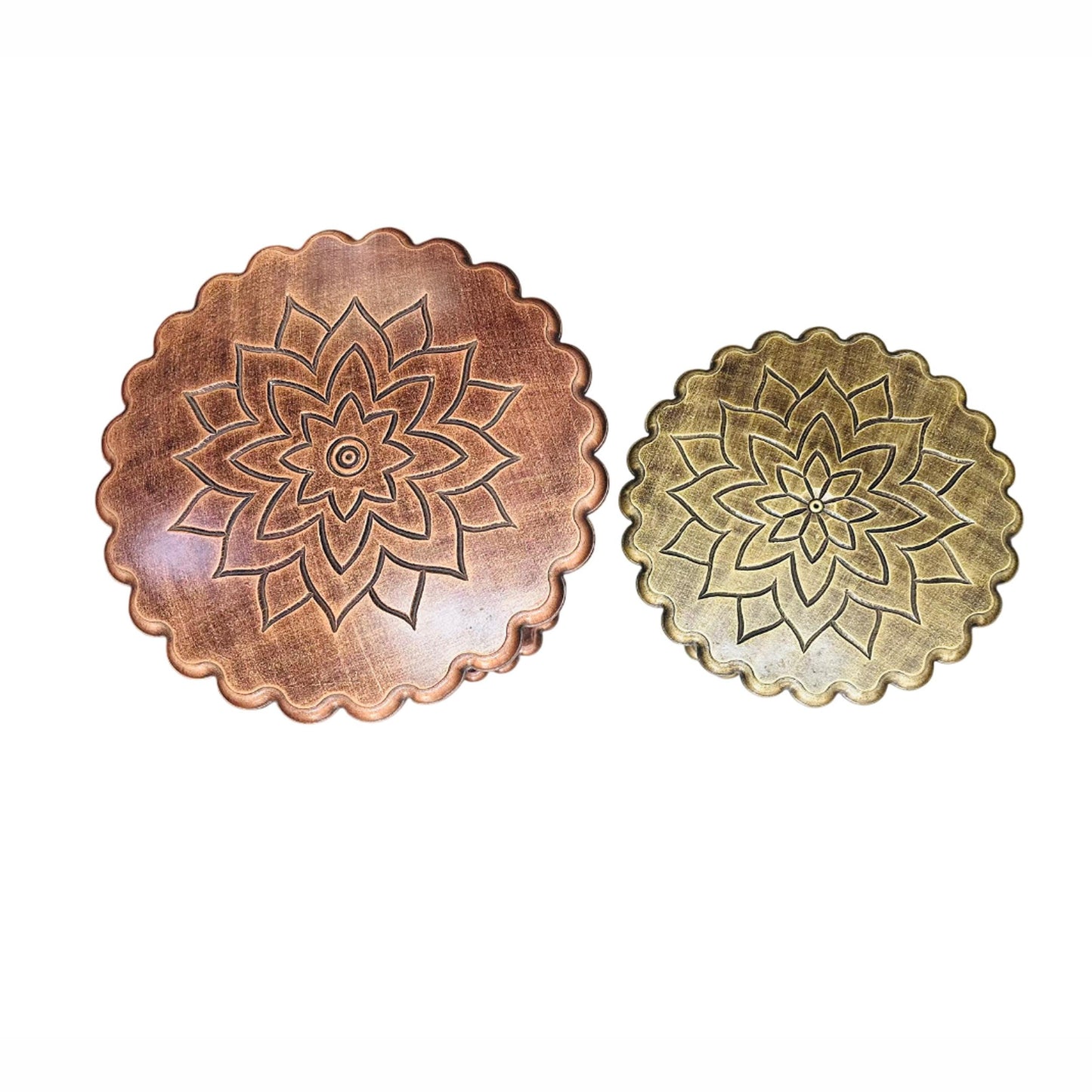 Hand Carved Mango Wood Coffee Table: lotus design, copper shade, folding design