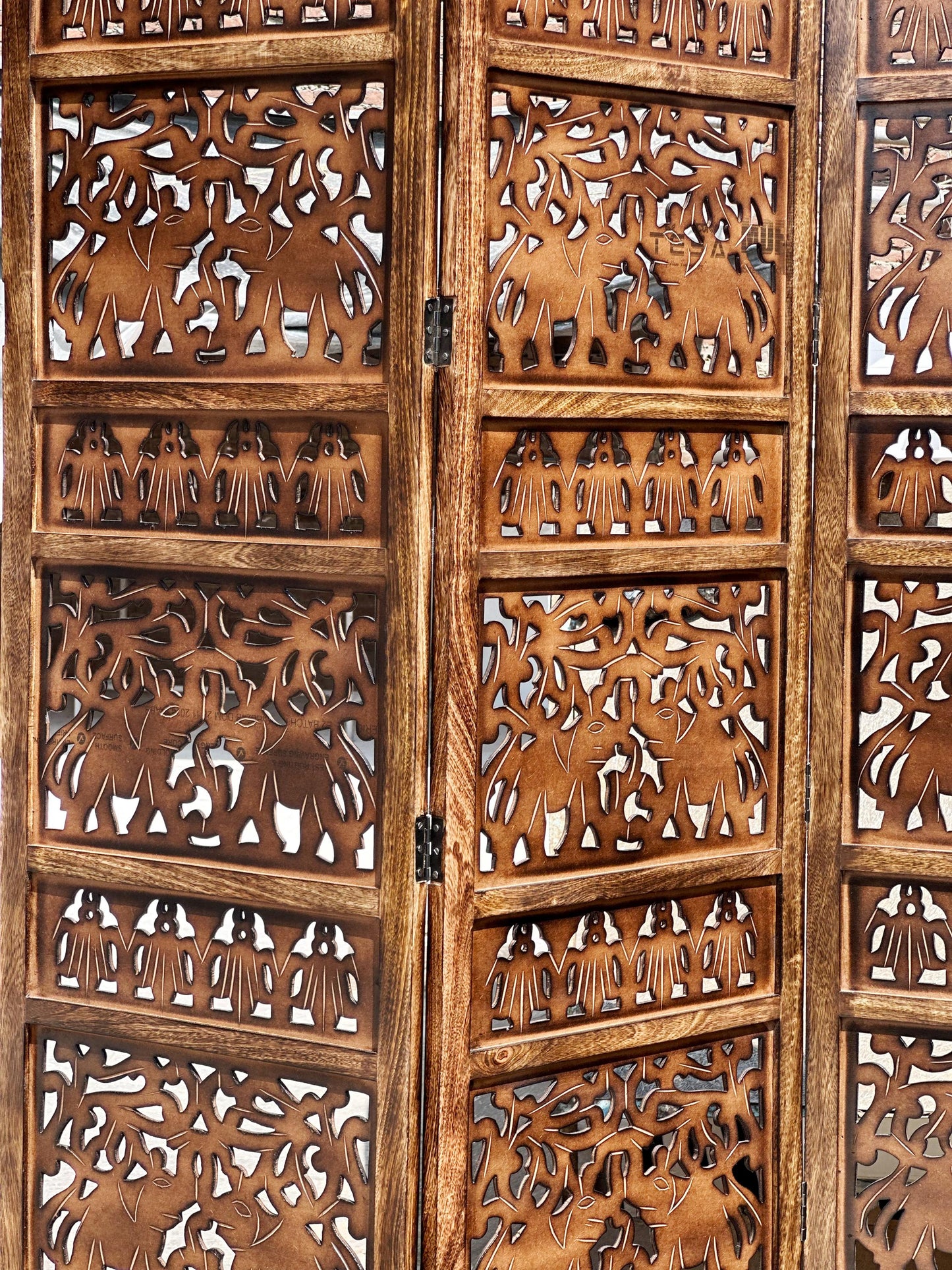 Elephants design Wooden Folding Divider, 7 Feet tall Folding Partition, Handmade Self standing separator